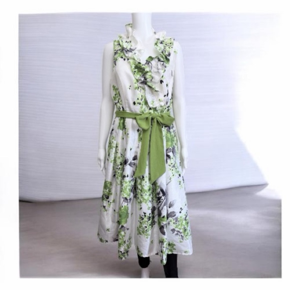 Jessica Howard Green White Gray Ruffled Collar Pleated Skirt Tie Waist Dress 14